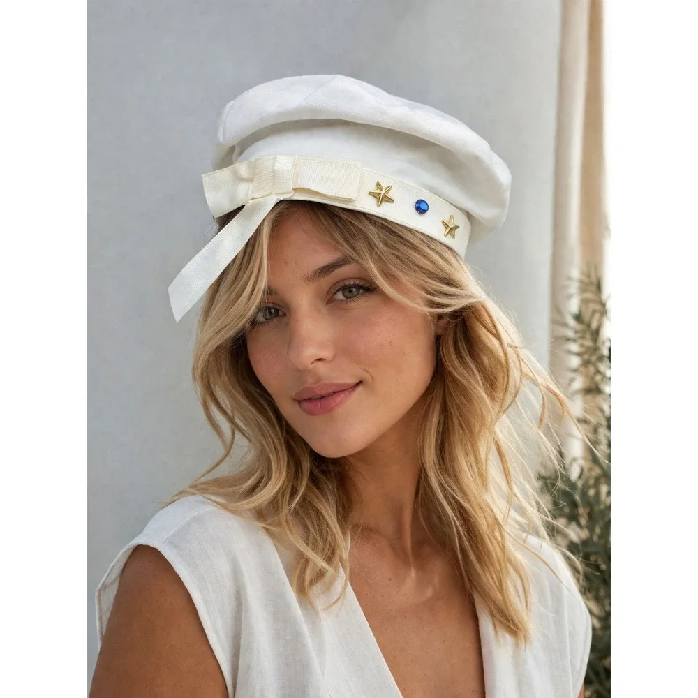 Vintage Sportina‎ White Cotton Beret Hat Star Studs Rhinestone Bow Celestial NWT